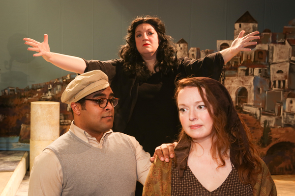 Clockwise from top: Lindsey Jones, Ann Hier and Dominic Dowdy-Windsor in New Line Theatre's ZORBA. Photo Credit: Jill Ritter Lindberg