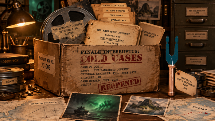 Cold Cases evidence box for *The Fantastic Journey* beside film reels, scripts, a Bermuda Triangle map and Varian’s sonic energizer.
