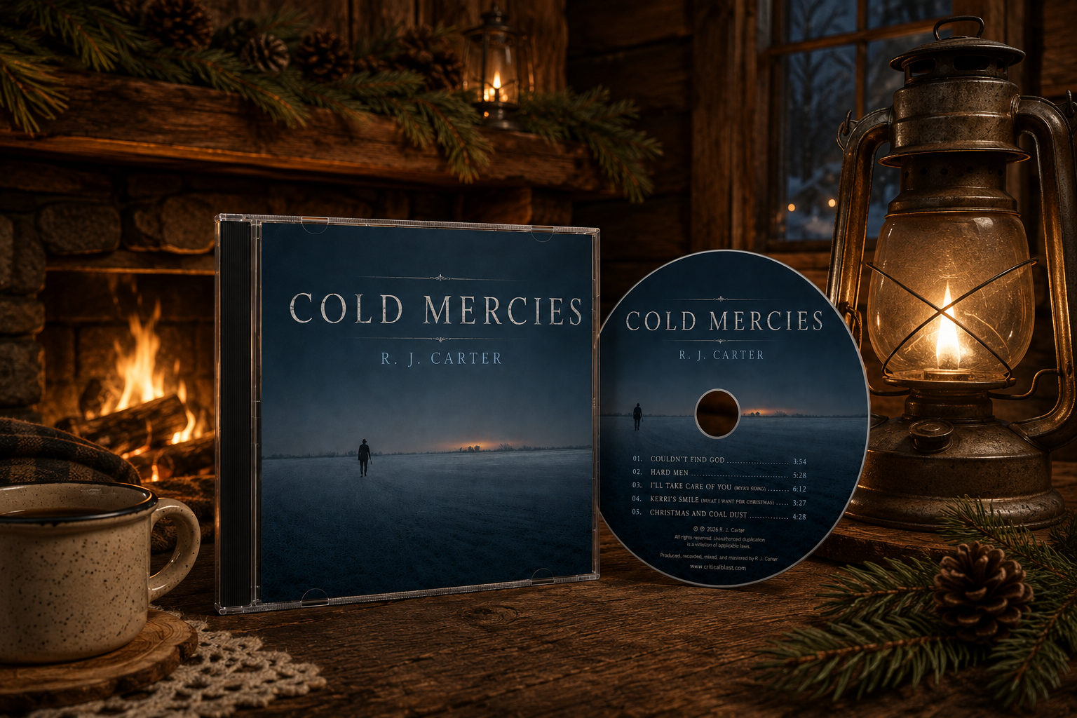 Cold Mercies CD by R. J. Carter displayed in a rustic cabin beside a fireplace and kerosene lamp