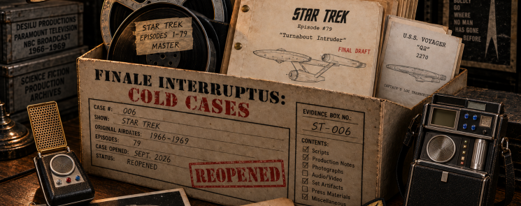 Star Trek Cold Cases evidence box containing an original-series communicator, tricorder, command insignia, film reels and the script for “Turnabout Intruder.”
